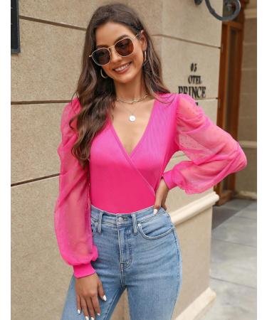Fayenne Womens Tops Deep V Neck Cross Wrap Sexy Tops Polka Dot Mesh Long Sleeve T Shirt Casual Blouses M Hot Pink - Buy Online on SooperMarket.com
