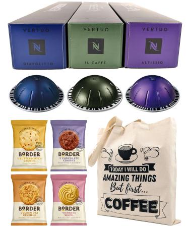 Nespresso Vertuo Coffee Capsules Intense Espresso Selection - Altissio Diavolitto Il Caff - 3 Boxes (30 Pods) Bundled with Border Biscuits & Giftable Tote Bag