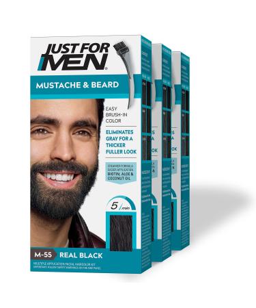 Just For Men Mustache & Beard, Beard Coloring for Gray Hair with Brush Included for Easy Application, With Biotin Aloe and Coconut Oil for Healthy Facial Hair - Real Black, M-55, 3 Pack 1 Count