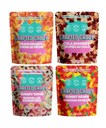 Crafted Candy - Plant Based Gummies Soy Free Mouthwatering Flavour & Better Texture - Peach Hearts Cola Gummies Gummy Rings & Gummy Bears Variety Pack - 4 Bags