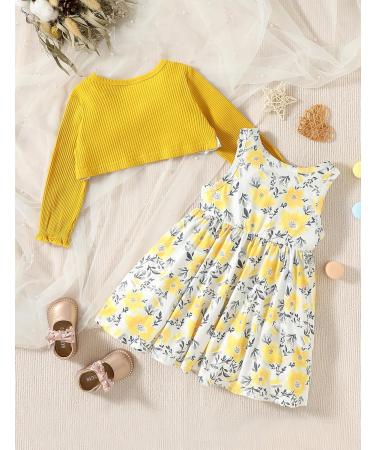 Puseky Toddler Girl Floral Print Sleeveless Dress and Ribbed Cardigan Set - 18-24 Months Yellow - Buy Online on SooperMarket.com