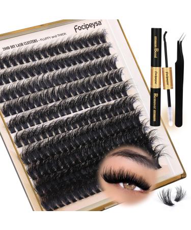 Focipeysa Lash Extension Kit Thick Eyelash Extension Kit 10-18mm Fluffy Lash Clusters 200D Individual Eyelashes Kit with Lash Bond Lash Remover Lash Applicator DIY Lashes Extension 100A