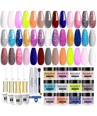 wakaniya Dip Powder Nail Kit - 20 Colors Clear Glitter Dip Powder Starter Kit for Beginners with Everything Nail Dipping Powder Kit with Base Activator Top Coat, Dip Powder for Professional Nail DIY Set- 20 Colors D