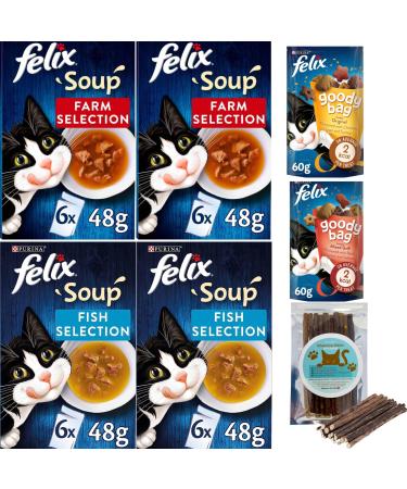Felix Soup Cat Food Bundle Containing Farm and Fish Selection 48g x24 | Cat Treats 60g x2 | Silvervine Sticks