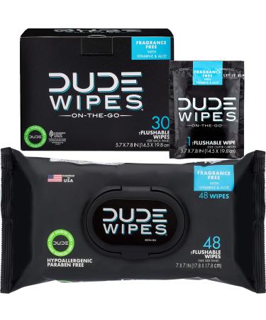 DUDE Wipes Flushable Wet Wipes (48 Count Dispenser and 30 Single Wipes) Individually Wrapped & Dispenser Natural Unscented with Vitamin-E & Aloe