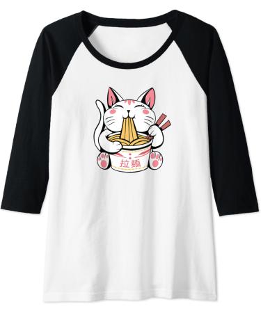 Womens Kawaii Cat Neko Eating Ramen Noodle Soup Japanese Aesthetic Raglan Baseball Tee