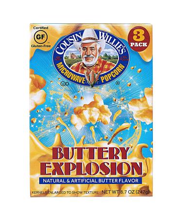 Cousin Willie's Microwave Popcorn Bags, Buttery Explosion (4 Boxes, 12 Bags), Gourmet Popcorn Boxes for Party, Whole Grain Popcorn, Gluten Free, Low Calorie Healthy Snack, Made in USA, non-GMO