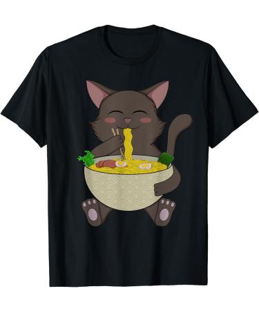 Cat Eating Ramen Noodles Bowl Anime Japanese Cute Kawaii T-Shirt