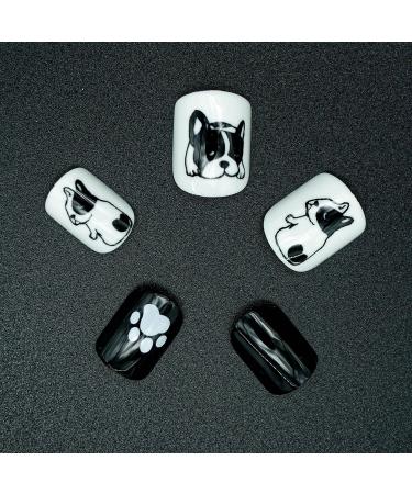 Novo Ovo Press-On Fake Nails - Short Corner Oval Black & White Dog Design | Stick-On Artificial Fingernails with Glue for Valentine's Day | Perfect for Bulldogs & Animal Lovers - Buy Online on SooperMarket.com