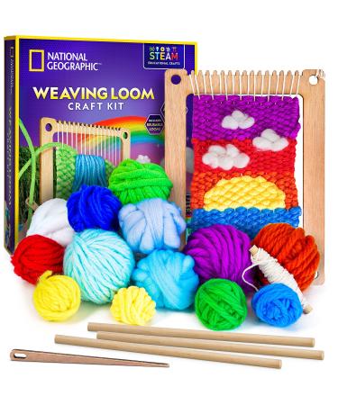 NATIONAL GEOGRAPHIC Kids Weaving Kit - Arts and Crafts Loom Weaving Kit for Kids with Wooden Loom, Yarn & 3 Fun Designs Kids Can Easily Weave, Easy Weaving Loom for Kids, Child Weaving Set, Kids Loom
