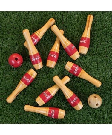 Hey!Play! Coca-Cola Lawn Bowling Game/Skittle Ball Set - Indoor and Outdoor Fun for All Ages - 10 Wooden Pins, 2 Balls, and Mesh Bag - 8-Inch - Buy Online on SooperMarket.com