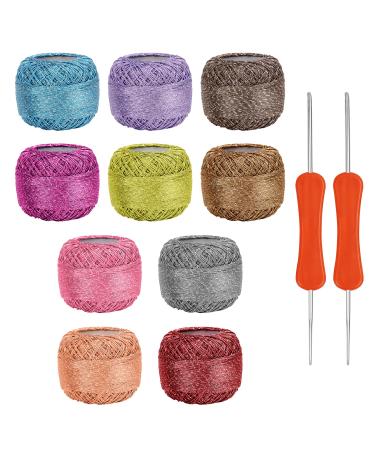 Kurtzy Colourful Glitter Crochet Yarn (10 Balls) - 2 Crochet Hooks Included (3mm & 4mm) - Each Thread Ball Weighs (15g/0.53 oz) - Total of 950/1040 Yards of Sparkly Coloured Acrylic Yarn
