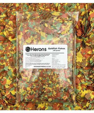 HERONS Goldfish Flakes - Premium Multi-vitamin Flake Fish Food for all Goldfish No Generic Fish Meal With Omega-3 and 6 and Wide Variety of Amino Acids High Vitamin C - 100 Grams 100 g (Pack of 1)