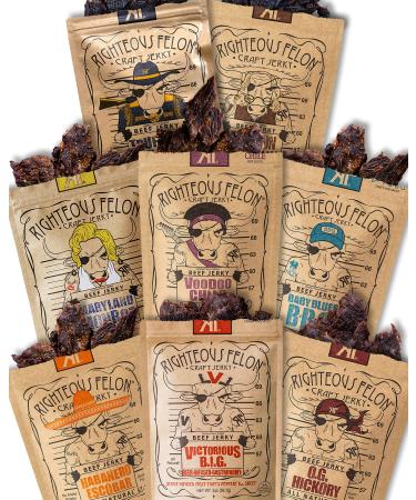 Righteous Felon Beef Jerky Variety Pack Gluten Free All Natural Craft Jerky High Protein Meat Snack Low Sugar Low Calorie Healthy Snacks For Gifts Gift Baskets  2 oz Bags 8 Pack Sampler