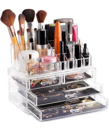 Clear Cosmetic Storage Organizer - 4-Drawer | 16 Compartments | Organize Cosmetics, Jewelry, and Hair Accessories with Ease - Elegant Design for Vanity, Bathroom, or Dresser - Buy Online on SooperMarket.com
