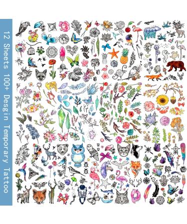 Oottati Waterproof 12 Sheets Summer 100+ Design Watercolor Painting Animal Flowers Leaves Small Fake Temporary Tattoo Stickers