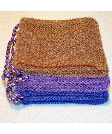 3 Pieces African Exfoliating Long Net Bath Sponge Set - Body Scrubber & Exfoliation Rag in Blue Brown & Purple | Daily Skin Smoother for All Skin Types - Worldwide Shipping - Buy Online on SooperMarket.com