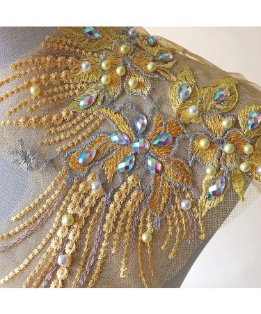 Mirror Pair Beaded Floral Lace Applique with Colorful Rhinestones, Jewelry Motif Embroidery Shoulder Patch for Party Costumes and Dance Dress in Gold - Buy Online on SooperMarket.com