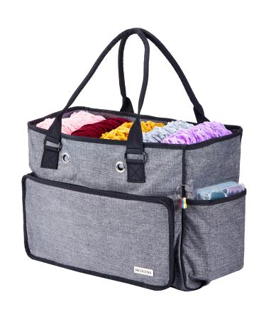 NICOGENA Knitting Bag, Portable Yarn Storage Tote for Yarn Skeins and Accessories Tangle Free with 4 Oversized Grommets, Gray Gray(Large capacity)