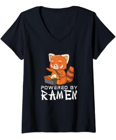 Womens Powered By Ramen Red Panda Japanese Food Noodles Soba V-Neck T-Shirt