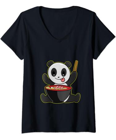 Womens Panda Ramen Kawaii Pandas Japanese Noodles V-Neck T-Shirt