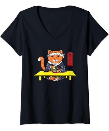 Womens Japanese Cat Eating a Ramen Noodles V-Neck T-Shirt