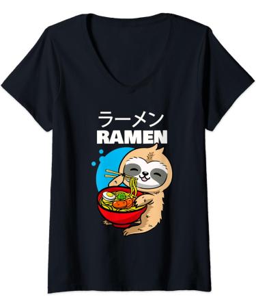 Womens Kawaii Anime Sloth Eating Japanese Ramen Noodle Soup V-Neck T-Shirt