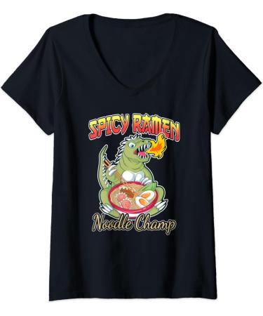 Womens Spicy Ramen Pho Bowl Noodle Champ | Noodles Lizard Monster V-Neck T-Shirt