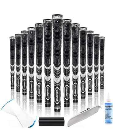 CHAMPKEY Premium Hybrid Golf Grips 13 Pack | Come with 15 Tapse , Solvent , Rubber Vise Clamp and Grip Hook Knife | All Weather Performance Golf Club Grips Midsize Black