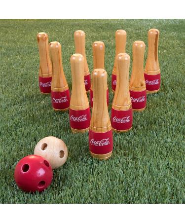 Hey!Play! Coca-Cola Lawn Bowling Game/Skittle Ball Set - Indoor and Outdoor Fun for All Ages - 10 Wooden Pins, 2 Balls, and Mesh Bag - 8-Inch - Buy Online on SooperMarket.com