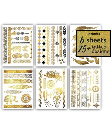 Terra Tattoos Gold Metallic Temporary Tats - 75+ Boho Henna Designs with Feathers, Tribal Elephants - Waterproof, Nontoxic, Long Lasting - Ideal for Beach, Festivals & More! - Buy Online on SooperMarket.com