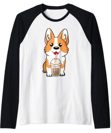 Boba Milk Tea Corgi Dog Puppy Lover Kawaii Japanese Anime Raglan Baseball Tee