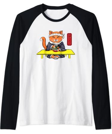 Japanese Cat Eating a Ramen Noodles Raglan Baseball Tee