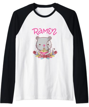 Kawaii Kitty Cat Eating Ramen Noodles Raglan Baseball Tee