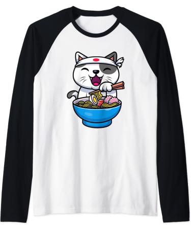 Kawaii Anime Cat Eating Ramen Noodles Japanese Raglan Baseball Tee