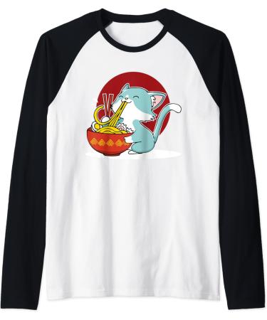 Cat Eating Japanese Ramen Noodles Soup Bowl Kawaii Kitten Raglan Baseball Tee