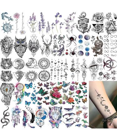 VANTATY 54 Sheets Large Watercolor Temporary Tattoos - Tribal Wolf Lion Tiger Owl Flower Designs for Men and Women - Long Lasting Fake Tattoos for Thigh, Arm, and Chest - Buy Online on SooperMarket.com