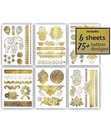 Gold Metallic Henna Temporary Tattoos - 75+ Designs Elephants, Flowers, Evil Eye & More! Waterproof, Non-Toxic, Long Lasting - Ideal for Beach, Festivals, Parties - Buy Online on SooperMarket.com
