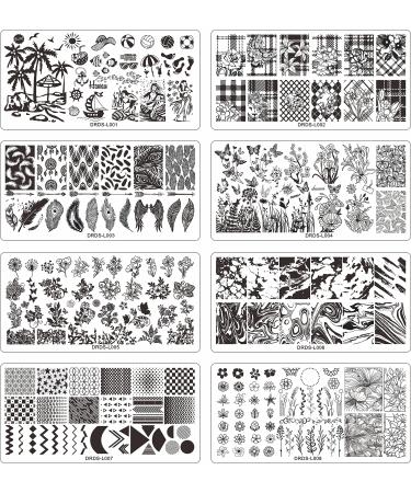 VNC 13pcs Nail Stamp Plates set 8 plate 2Stamper 2Scraper 1storage bag Nails Art Stamping Plate Scraper Stamper Set Leaves Flowerst Travel Patterns Nail plate Template Image Plate A- 1-8