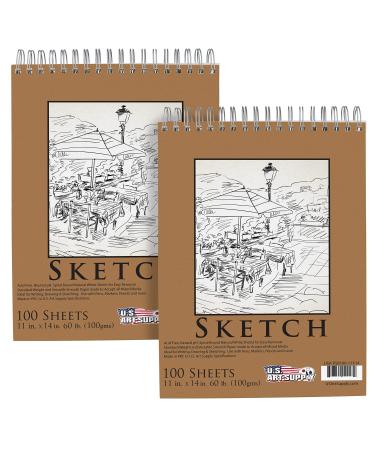 U.S. Art Supply 11" x 14" Top Spiral Bound Sketch Book Pad, Pack of 2, 100 Sheets Each, 60lb (100gsm) - Artist Sketching Drawing Pad, Acid-Free - Graphite Colored Pencils, Charcoal - Adults, Students 11-x-14-inch