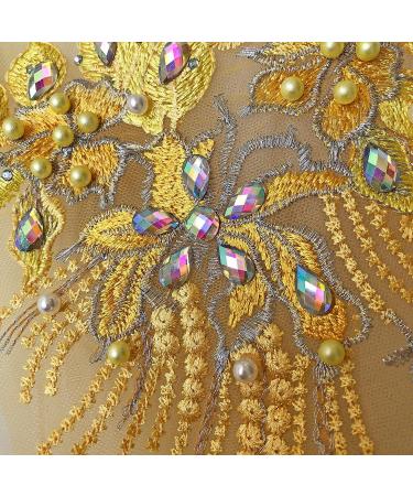 Mirror Pair Beaded Floral Lace Applique with Colorful Rhinestones, Jewelry Motif Embroidery Shoulder Patch for Party Costumes and Dance Dress in Gold - Buy Online on SooperMarket.com