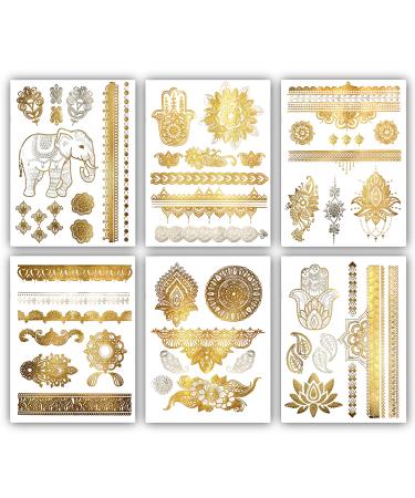 Terra Tattoos Gold Metallic Henna Temporary Tattoos   75+ Designs Elephants  Flowers  Evil Eye & more! Waterproof Nontoxic Long Lasting Perfect for Beach  Festivals  & Parties