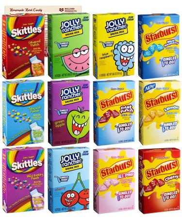 Sugar Free Variety Pack of Water Enhancers - Skittles, Starburst and Jolly Rancher Drink Mix Variety Pack of 12 - Bundle with Ballard Products Hard Candy Recipe Card