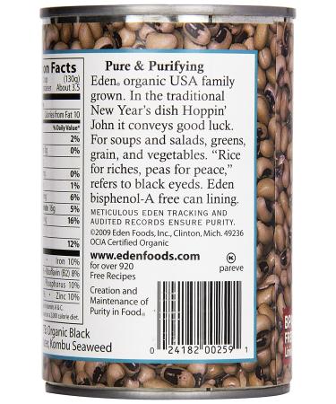 Eden Organic Black Eyed Peas  15 oz Can  No Salt  Non-GMO  Gluten Free  Vegan  Kosher  U.S. Grown  Heat and Serve  No Preservative  Macrobiotic - Buy Online on SooperMarket.com