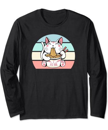 Kawaii Cat Neko Eating Ramen Noodle Soup Japanese Aesthetic Long Sleeve T-Shirt