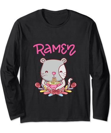 Kawaii Kitty Cat Eating Ramen Noodles Long Sleeve T-Shirt