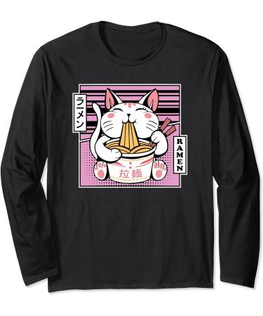 Kawaii Cat Neko Eating Ramen Noodle Soup Japanese Aesthetic Long Sleeve T-Shirt