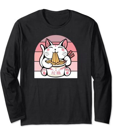Kawaii Cat Neko Eating Ramen Noodle Soup Japanese Aesthetic Long Sleeve T-Shirt