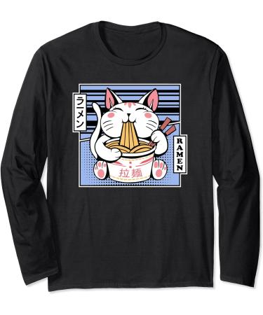 Kawaii Cat Neko Eating Ramen Noodle Soup Japanese Aesthetic Long Sleeve T-Shirt