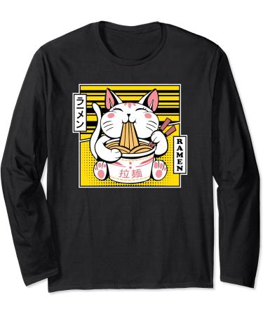 Kawaii Cat Neko Eating Ramen Noodle Soup Japanese Aesthetic Long Sleeve T-Shirt